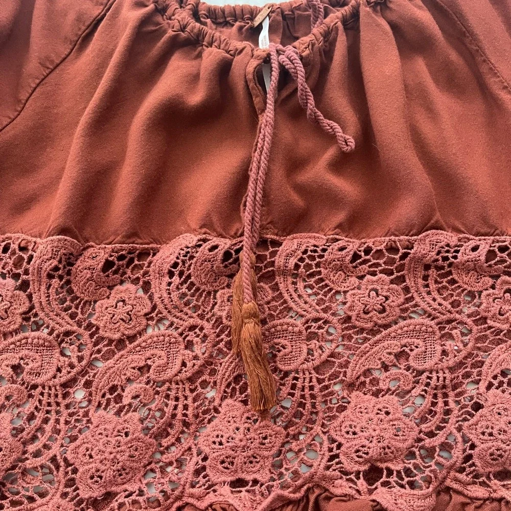 Free People Women Crochet Lace Top XS Rustic Balloon Sleeves Boho Cottage Tie